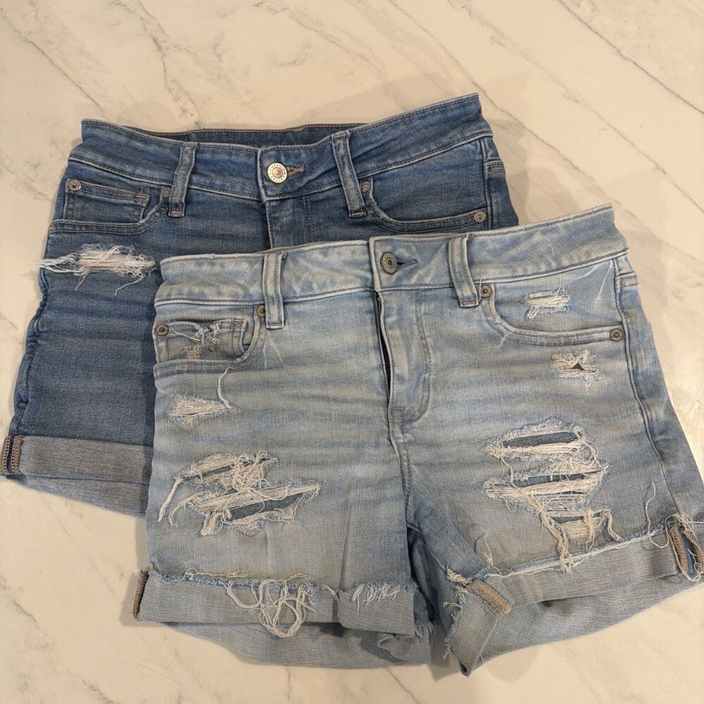 Distressed Light and Medium Blue Denim Shorts - Women's
